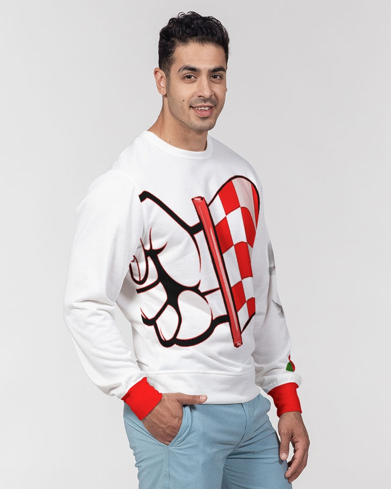 White and Red Rally Men's Classic French Terry Crewneck Pullover