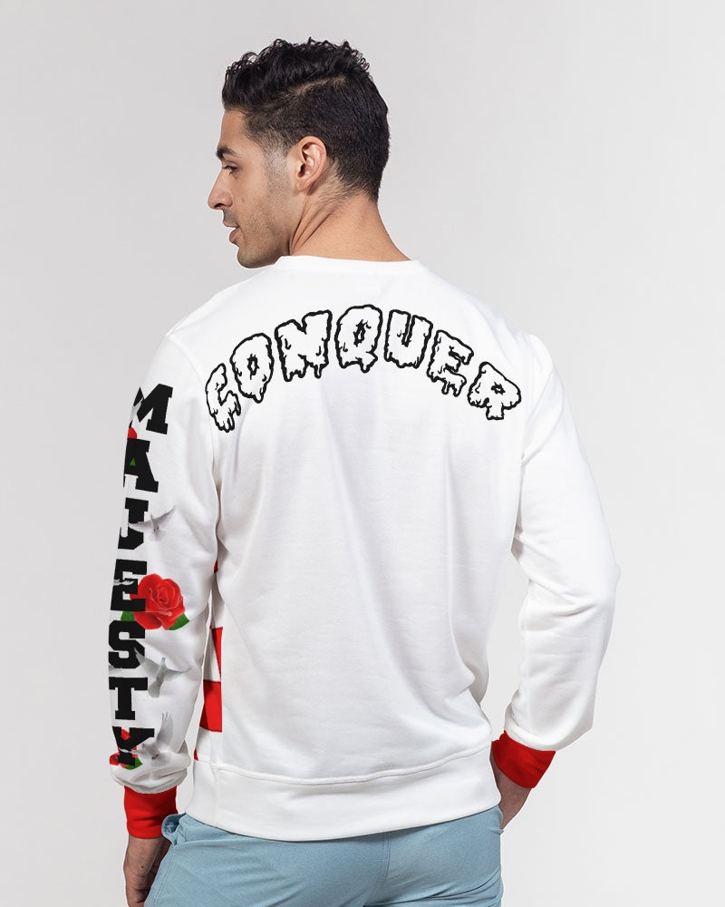 White and Red Rally Men's Classic French Terry Crewneck Pullover