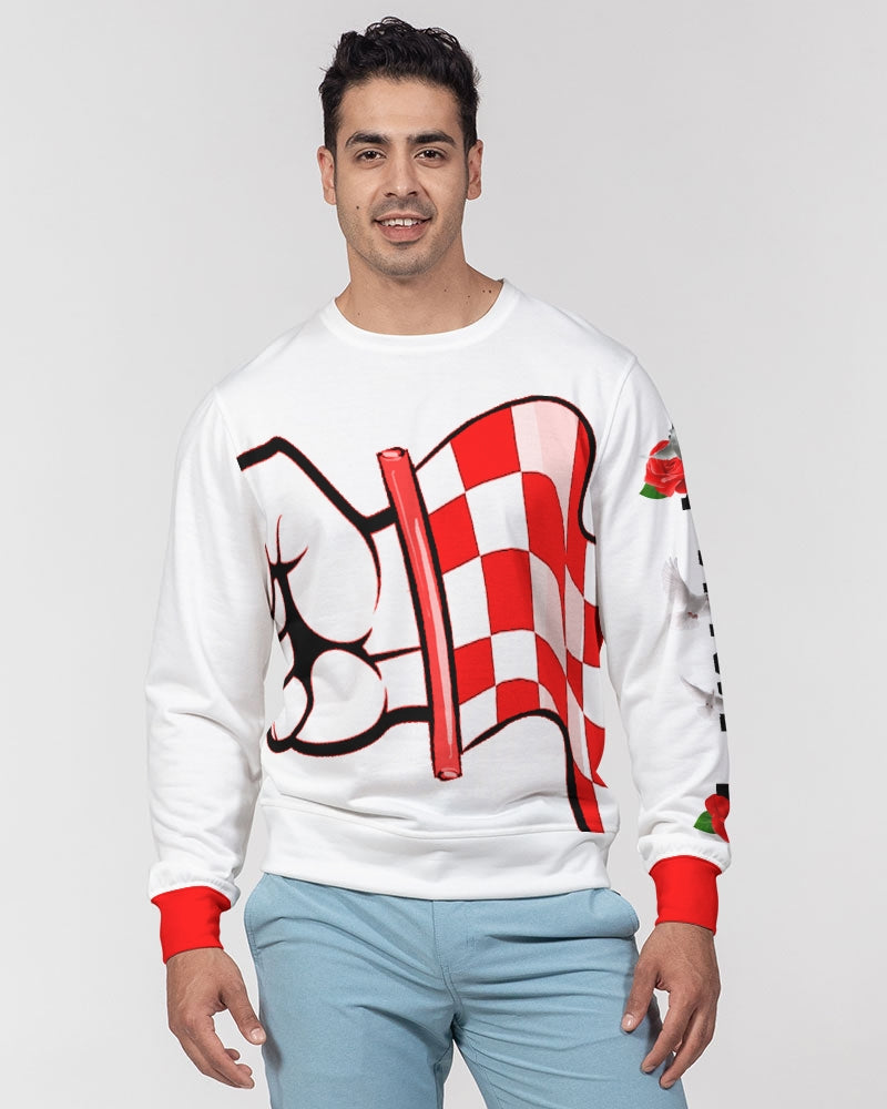 White and Red Rally Men's Classic French Terry Crewneck Pullover