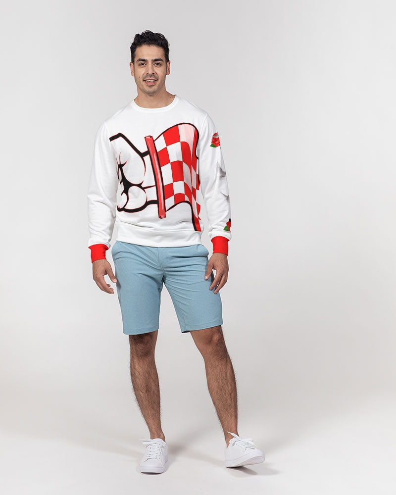 White and Red Rally Men's Classic French Terry Crewneck Pullover